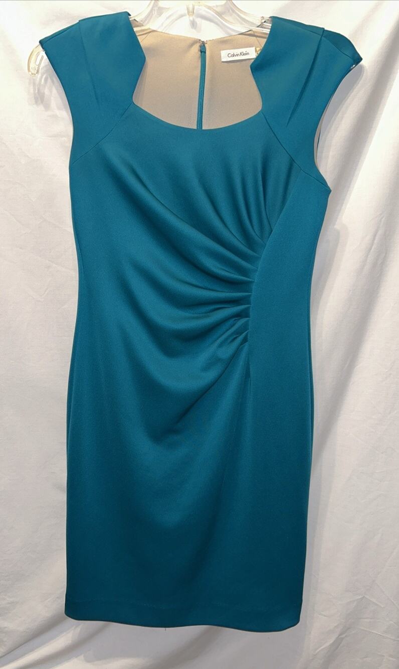 Calvin Klein Sheath Dress Size 4 Ruched Square Neck Color Lagoon Knee Career